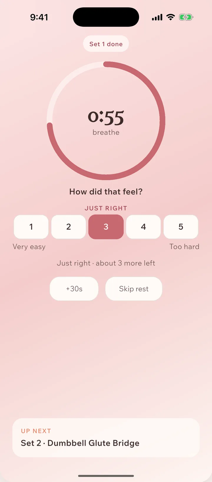 Bloom asking how the set felt during rest, on a scale from very easy to too hard, with just right picked.