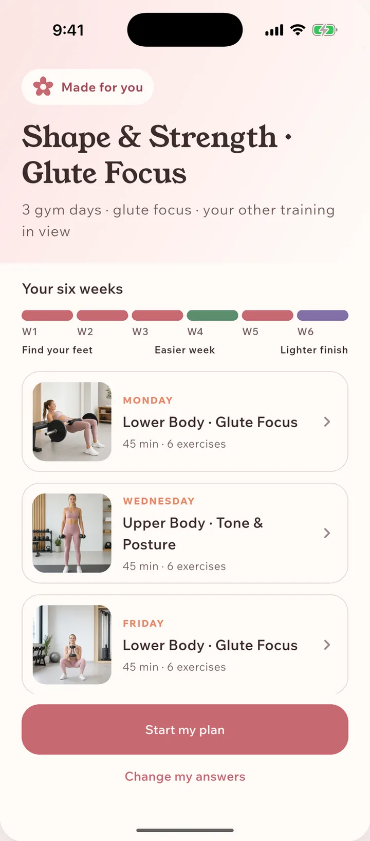 Bloom's plan reveal. Shape & Strength · Glute Focus, three gym days, with your six weeks mapped out and each session listed.