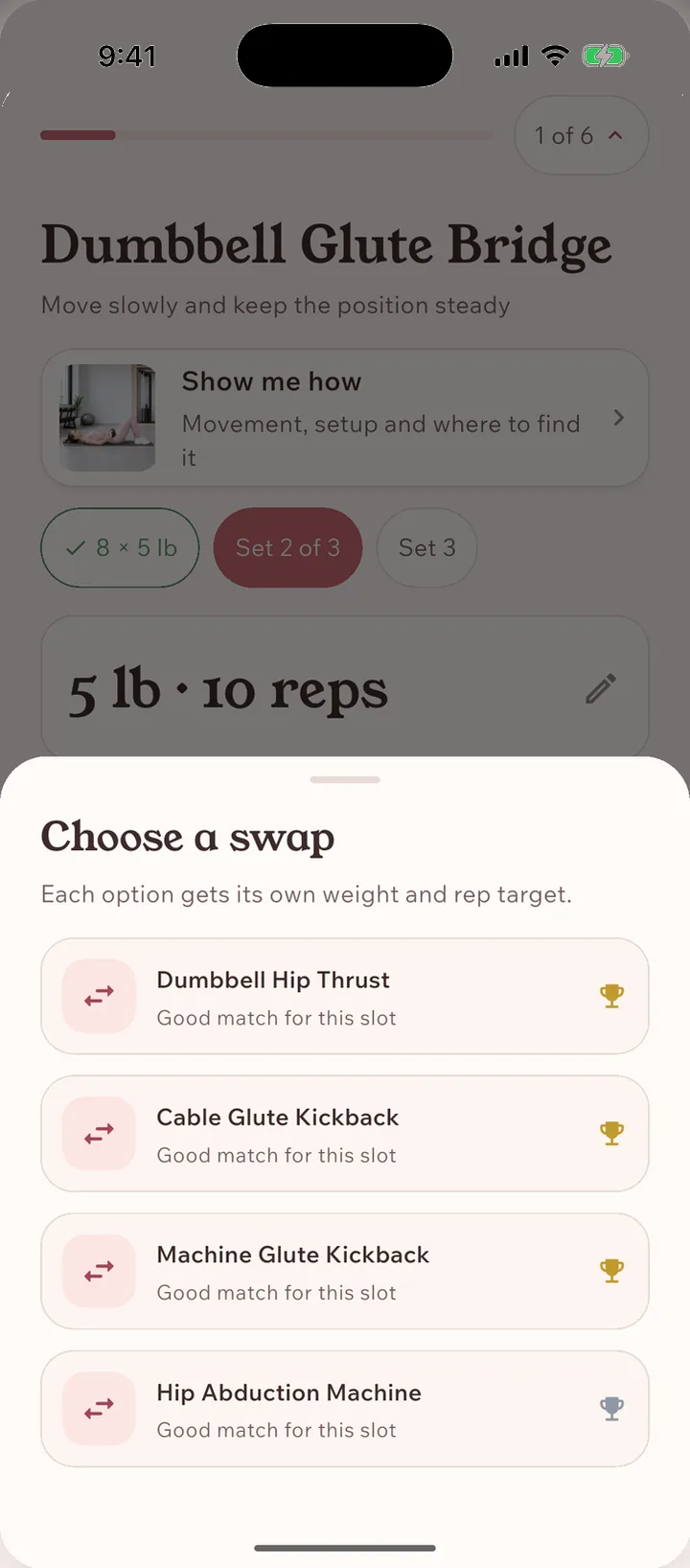 Bloom's swap sheet. Choose a swap, with four options that are each a good match for this slot, from Dumbbell Hip Thrust to Hip Abduction Machine.