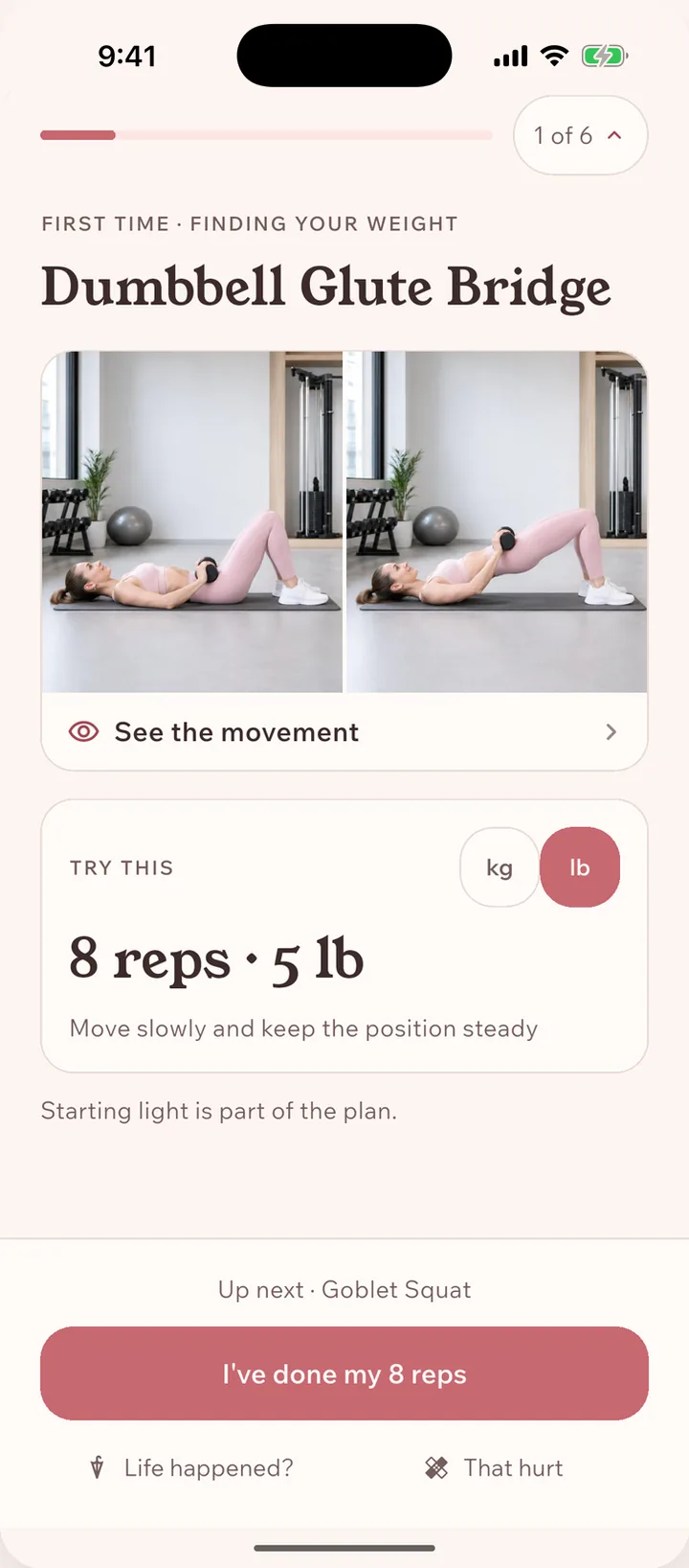 Bloom finding a first weight for the Dumbbell Glute Bridge, with both positions of the move shown. Try this, 8 reps at 5 lb. Starting light is part of the plan.